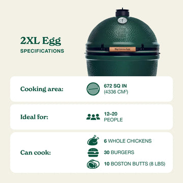 Green Egg barbecue with specifications on a beige background