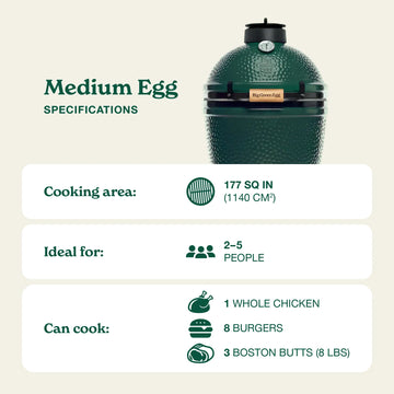 Specifications of a Medium Egg grill by Big Green Egg on a beige background