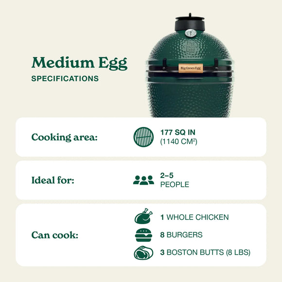 Specifications of a Medium Egg grill by Big Green Egg on a beige background