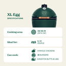 Big Green Egg grill with specifications on a beige background