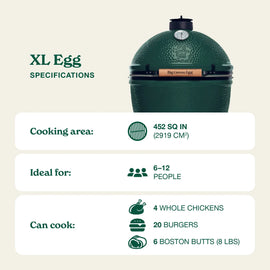 Big Green Egg grill with specifications on a beige background