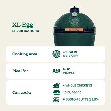 Big Green Egg grill with specifications on a beige background
