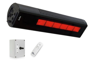 Liquid Propane BLACK SUNSTAR Package: Two-Stage 50,000 to 34,000 BTU Infrared Heater with a 3-way position switch, wireless remote, and adjustable mounting kit for 15° to 60° angled installations. For 8' to 11' mounting height