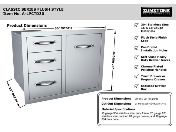 Sunstone 30-Inch Tank Tray Triple Drawer Combo – Flush Style