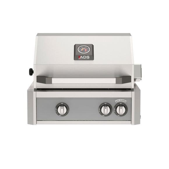 American Outdoor Grill 24 inch L-Series built-in gas grill in gray finish with rear burner and rotisserie kit