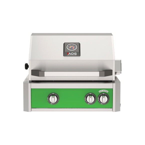 American Outdoor Grill 24 inch L-Series built-in gas grill in green finish with rear burner and rotisserie kit