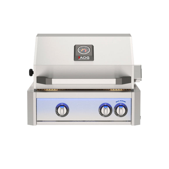 American Outdoor Grill 24 inch L-Series built-in gas grill in stainless steel finish with rear burner and rotisserie kit