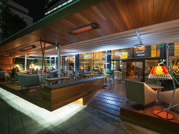 Heatstrip Max DC commercial outdoor heater keeping restaurants and cafes warm.