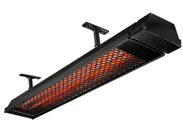 Wall-mounted Heatstrip Max DC outdoor heater in black, providing radiant heat for commercial patios and terraces