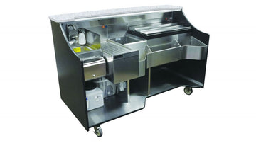 Perlick 70”  Tobin Ellis Signature Series Mobile Bar: 1 drainboard, bottle well, ice chest, bottle rail, hand wash sink, hot water heater