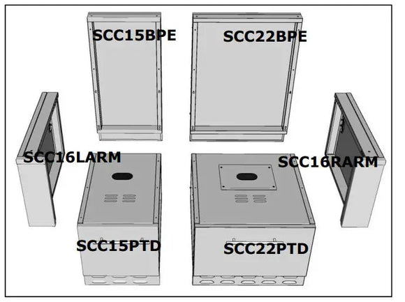 Sunstone SCC16RARM right arm identified in manufacturer component diagram; other cabinet parts shown are not included