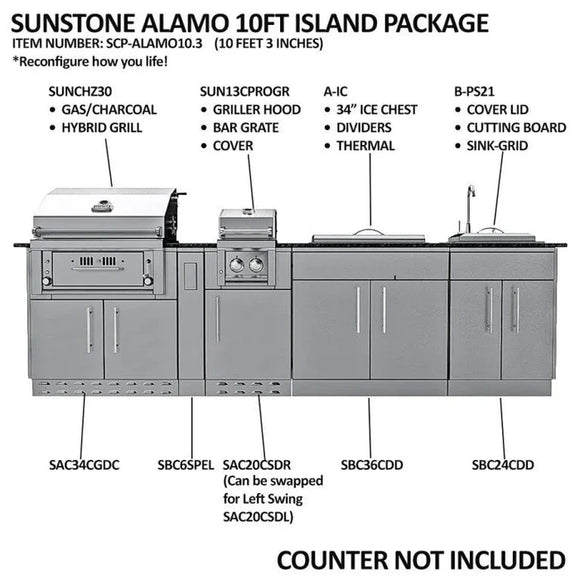 Sunstone The Alamo 10-Foot Outdoor Kitchen Island with Hybrid Grill