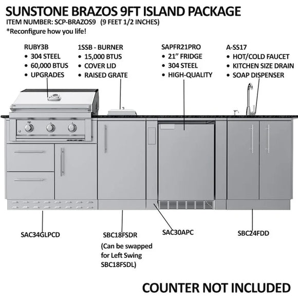 Sunstone The Brazos 9-Foot Outdoor Kitchen Island Package