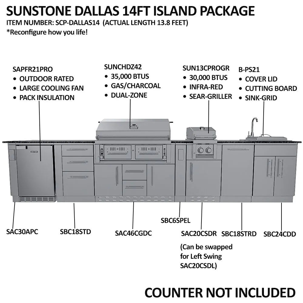 Sunstone The Dallas 14' Outdoor Cabinet Island Package w/ Gas Hybrid Grill