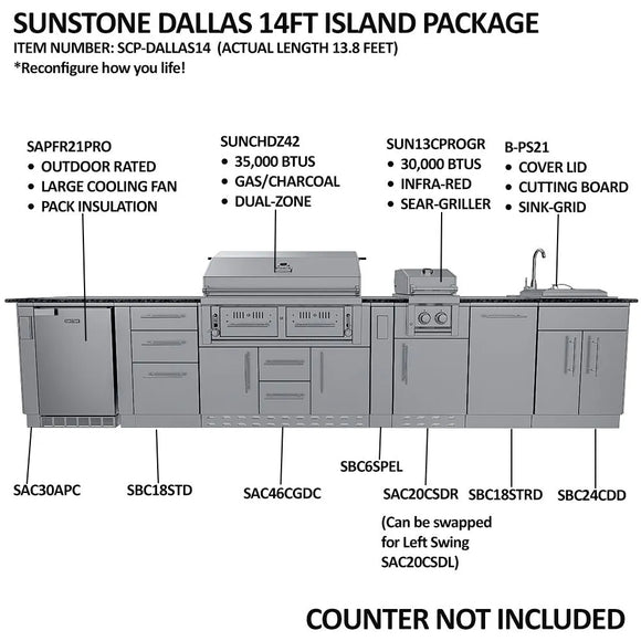Sunstone The Dallas 14' Outdoor Cabinet Island Package w/ Gas Hybrid Grill