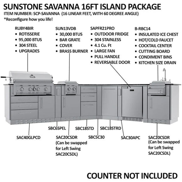 Sunstone The Savanna 16 Foot 60° Outdoor Kitchen Cabinet Package