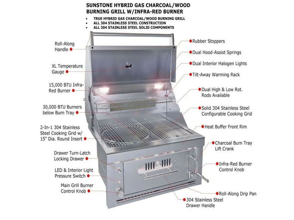 Sunstone 30-Inch Hybrid Gas Grill – 2 Burners + Infrared Power