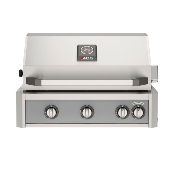 American Outdoor Grill 30 inch L-Series built-in gas grill in gray with rear infrared burner and rotisserie kit