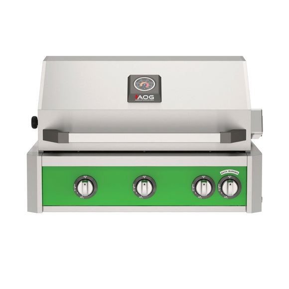 American Outdoor Grill 30 inch L-Series built-in gas grill in green with rear infrared burner and rotisserie kit
