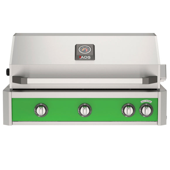 American Outdoor Grill 36 inch L-Series built-in gas grill in green with rear infrared burner and rotisserie kit