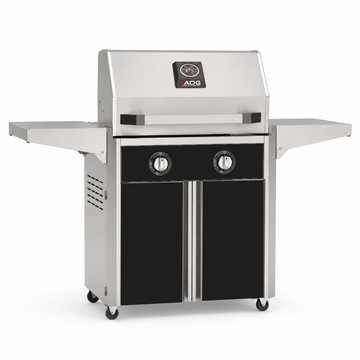 American Outdoor Grill 24-inch T-Series freestanding gas grill with lid closed, black finish, front view on white background
