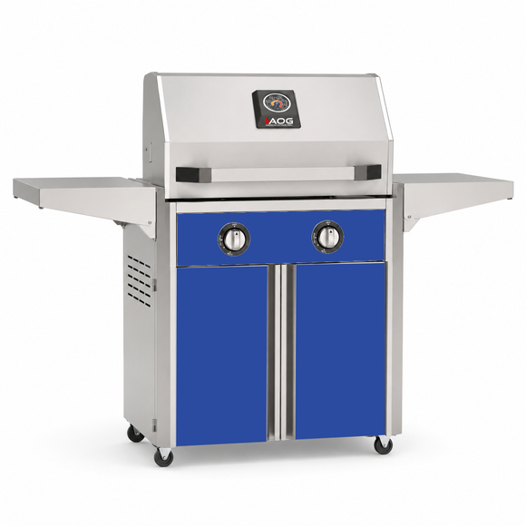 American Outdoor Grill 24-inch T-Series freestanding gas grill with lid closed, blue finish, front view on white background
