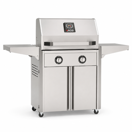 American Outdoor Grill 24-inch T-Series freestanding gas grill with lid closed, stainless steel finish, front view on white background
