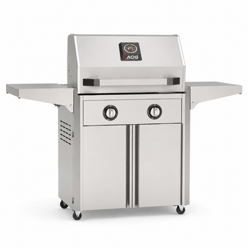 American Outdoor Grill 24-inch T-Series freestanding gas grill with lid closed, stainless steel finish, front view on white background
