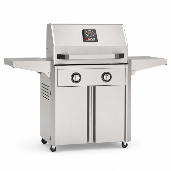 American Outdoor Grill 24-inch T-Series freestanding gas grill with lid closed, stainless steel finish, front view on white background

