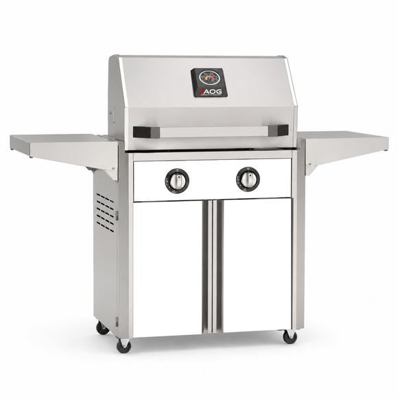 American Outdoor Grill 24-inch T-Series freestanding gas grill with lid closed, white finish, front view on white background
