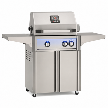 American Outdoor Grill 24-inch L-Series freestanding gas grill with lid closed, stainless steel finish, front view on white background

