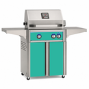 American Outdoor Grill 24-inch L-Series freestanding gas grill with lid closed, Teal finish, front view on white background

