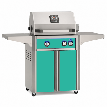 American Outdoor Grill 24-inch L-Series freestanding gas grill with lid closed, Teal finish, front view on white background

