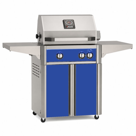 American Outdoor Grill 24-inch L-Series freestanding gas grill with lid closed, blue finish, front view on white background

