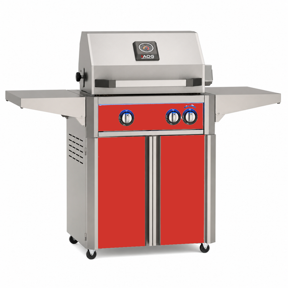 American Outdoor Grill 24-inch L-Series freestanding gas grill with lid closed, red finish, front view on white background

