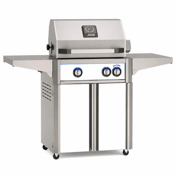 American Outdoor Grill 24-inch L-Series freestanding gas grill with lid closed, white finish, front view on white background

