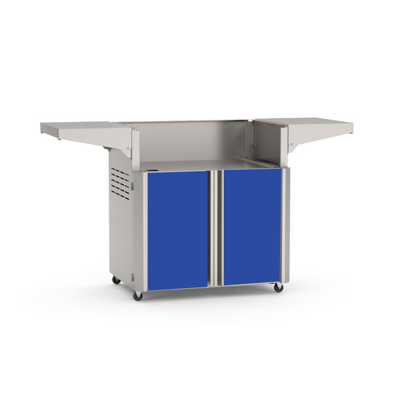 American Outdoor Grill 30-inch portable cart base with blue cabinet door panels, stainless steel frame, fold-down side shelves, 4-wheel casters


