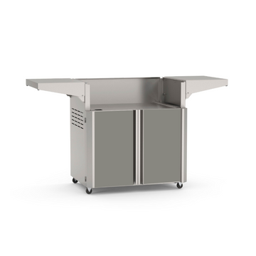 American Outdoor Grill 30-inch portable cart base with gray cabinet door panels, stainless steel frame, fold-down side shelves, 4-wheel casters