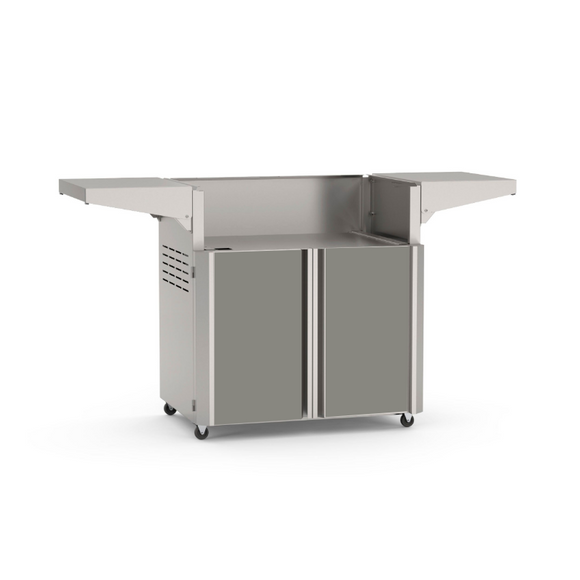 American Outdoor Grill 30-inch portable cart base with gray cabinet door panels, stainless steel frame, fold-down side shelves, 4-wheel casters