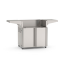 American Outdoor Grill 30-inch portable cart base in all-stainless steel finish, doors open, showing interior storage space, side shelves extended