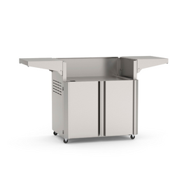 American Outdoor Grill 30-inch portable cart base in all-stainless steel finish, doors open, showing interior storage space, side shelves extended