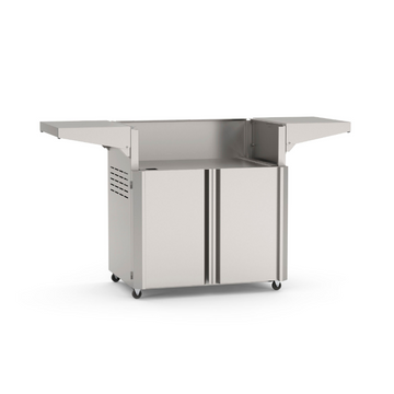 American Outdoor Grill 30-inch portable cart base in all-stainless steel finish, doors open, showing interior storage space, side shelves extended
