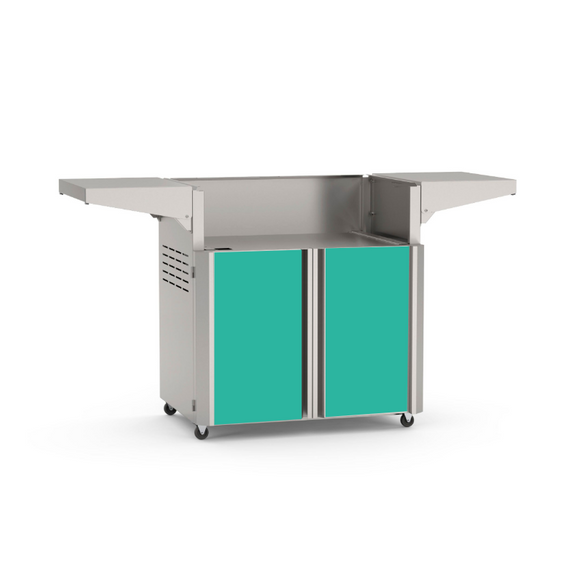 American Outdoor Grill 30-inch portable cart base with teal cabinet door panels, stainless steel frame, fold-down side shelves, 4-wheel casters

