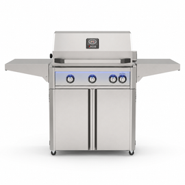 American Outdoor Grill 30-inch L-Series freestanding gas grill with lid closed, stainless steel finish, front view on white background

