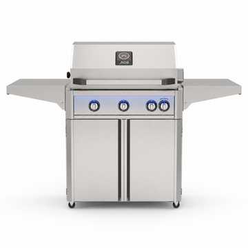 American Outdoor Grill 30-inch L-Series freestanding gas grill with lid closed, stainless steel finish, front view on white background

