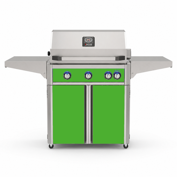 American Outdoor Grill 30-inch L-Series freestanding gas grill with lid closed, green finish, front view on white background

