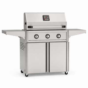 American Outdoor Grill 30-inch T-Series freestanding gas grill with lid closed, stainless steel finish, front view on white background
