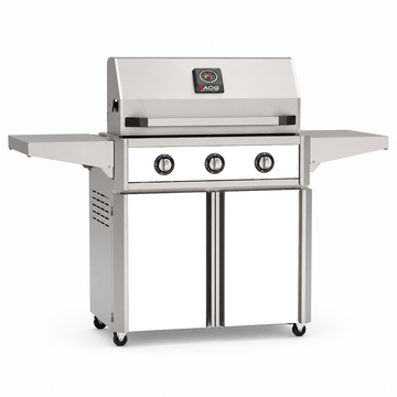 American Outdoor Grill 30-inch T-Series freestanding gas grill with lid closed, white finish, front view on white background
