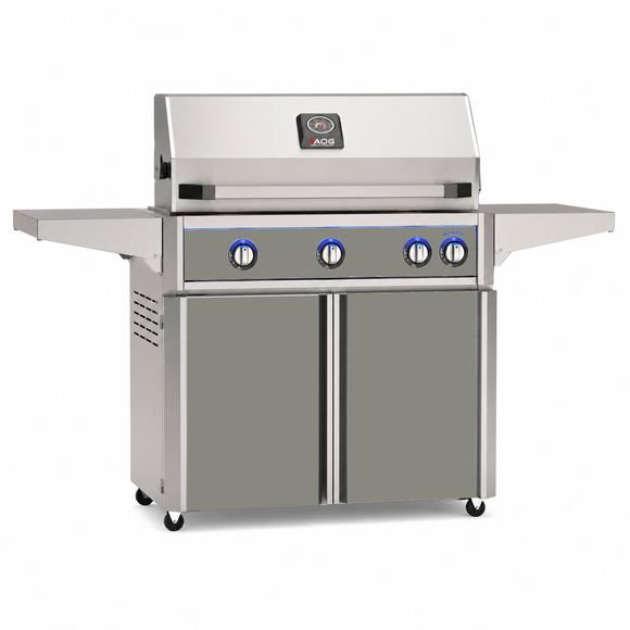 American Outdoor Grill 36-inch L-Series freestanding gas grill with lid closed, grey finish, front view on white background
