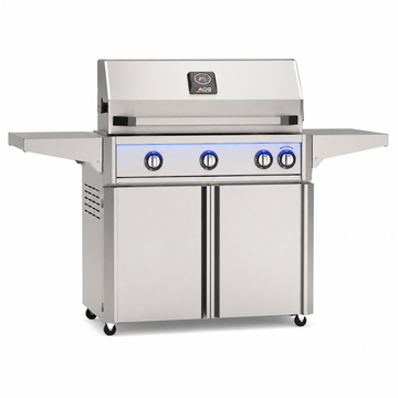 American Outdoor Grill 36-inch L-Series freestanding gas grill with lid closed, stainless steel finish, front view on white background
